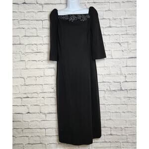 Doncaster Collection Dress Size 12 Black Wool Blend Floral Trim Square Neckline